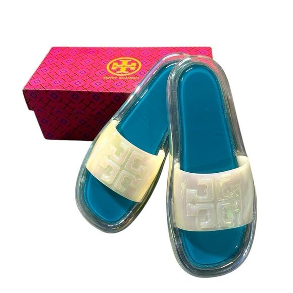 Tory Burch Women's Bubble Jelly Iridescent Tuscan Sea Slides Size 8 Includes Box